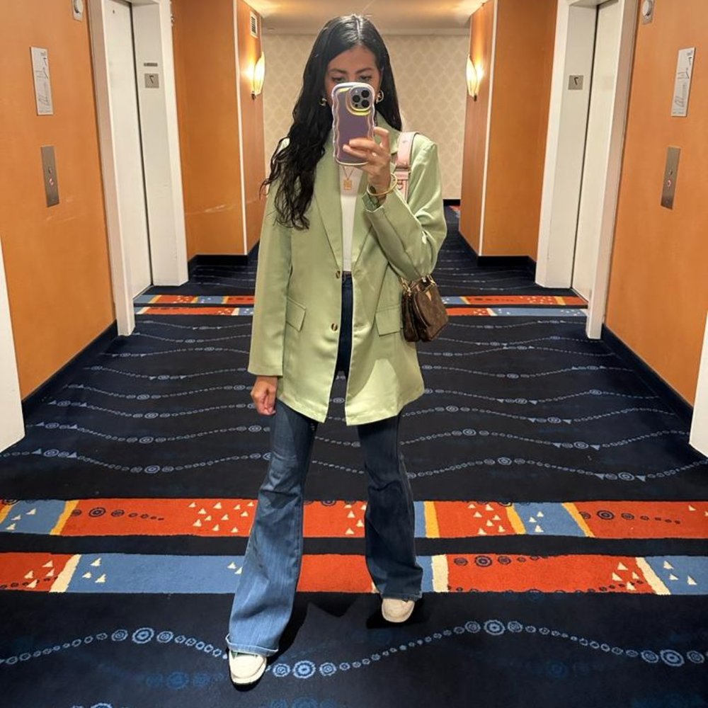Green V Neck Long Sleeve Button Front Blazer